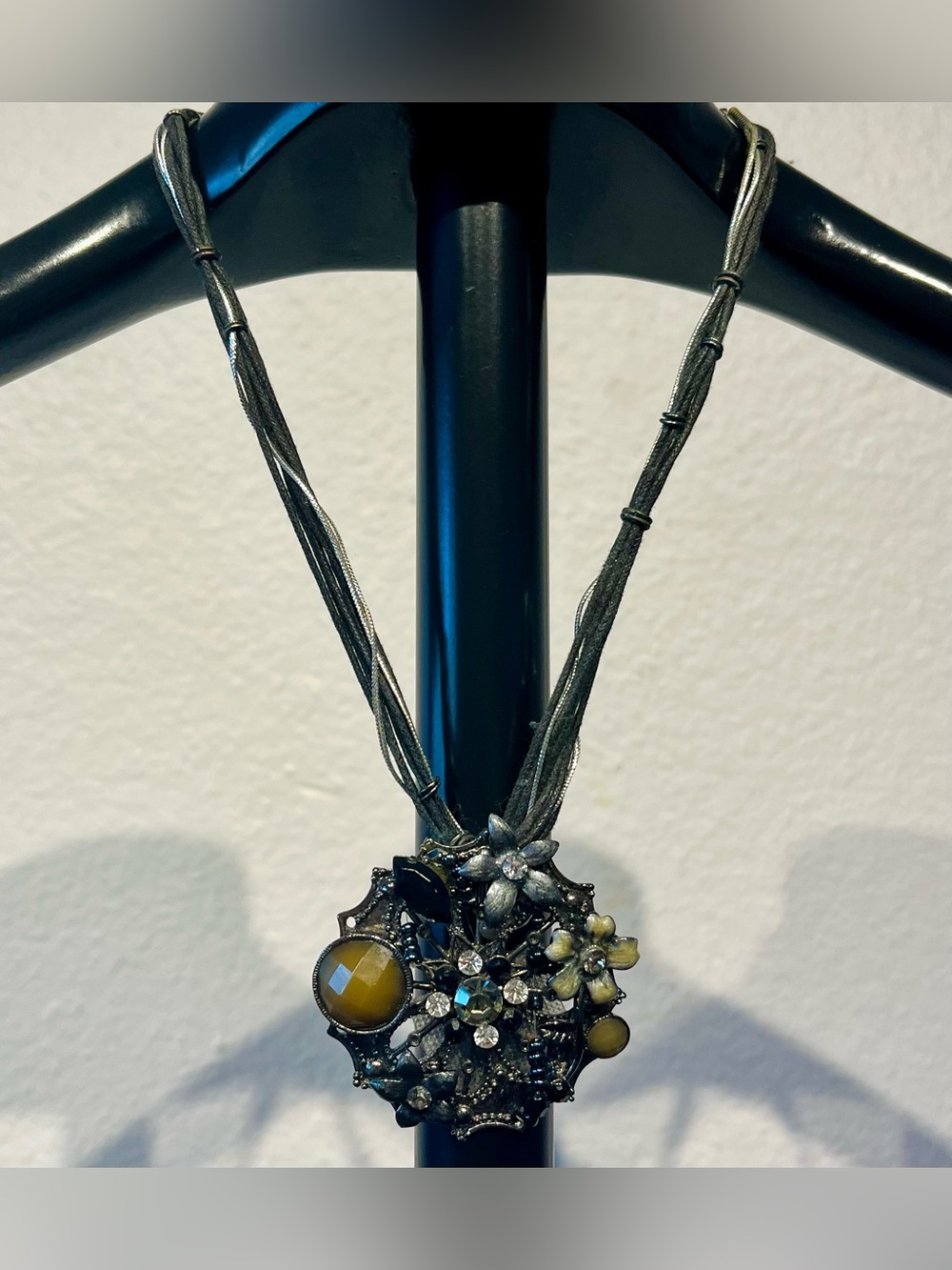 Vintage VCLM Yellow and Gunmetal Floral Pendant Necklace